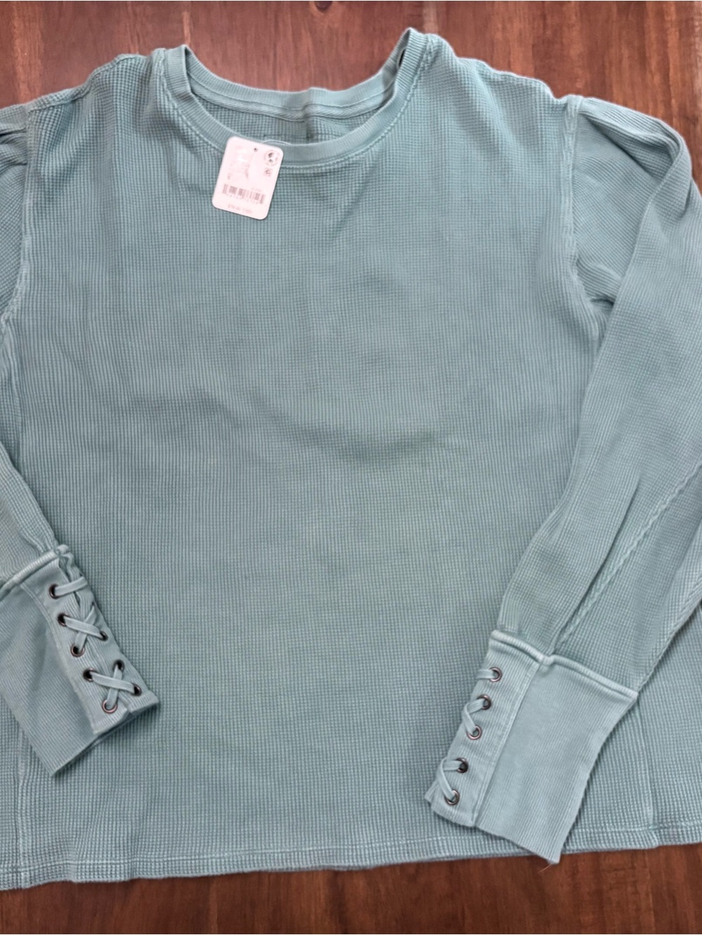 NWT- Free People Teal Waffle Knit Lace-Up Cuff Long Sleeve Top